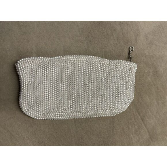 Antique Hand Beaded Pearl Evening Bag Cream Clutch w/Beaded Accents Zipper Close - Picture 4 of 11